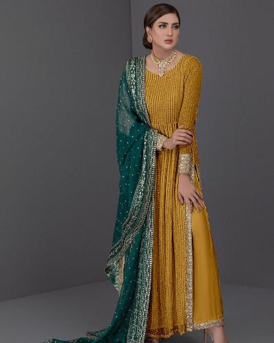 Mustard Anarkali Gold Embroidery Gown Set of 3