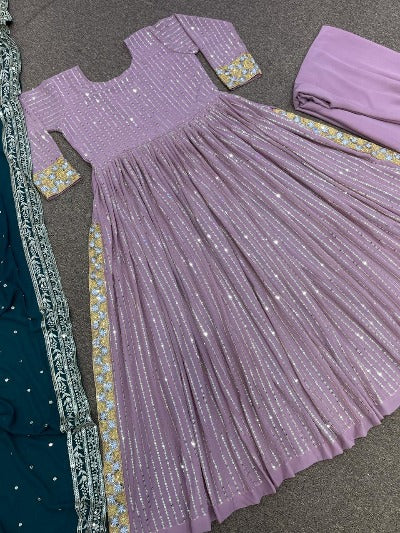 Lilac Anarkali Gold Embroidery Gown Set of 3