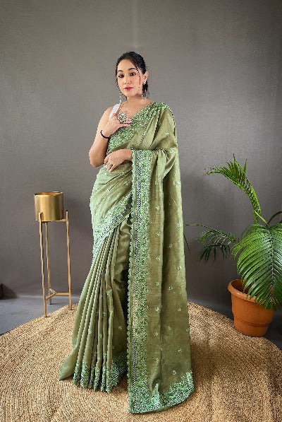 Pista Green Pure Soft Matka Silk Cutwork Saree 