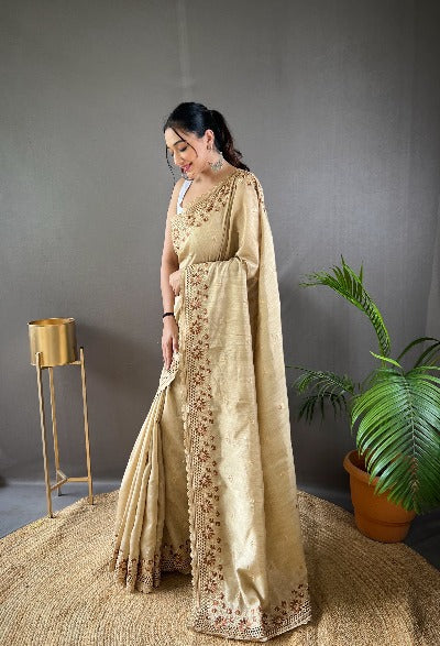 Golden Beige Pure Soft Matka Silk Cutwork Saree