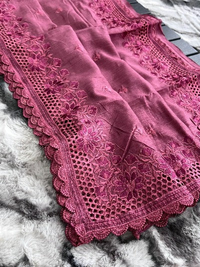 Mauve Pink Pure Soft Matka Silk Cutwork Saree 
