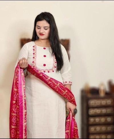 Cream Cotton Salwar Suit Pink Floral Dupatta (Set of 3)