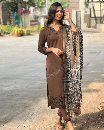 Brown Cotton Khadi Salwar Suit Set