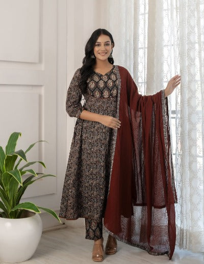 Black Kalamkari Print Premium Cotton Salwar Suit Set