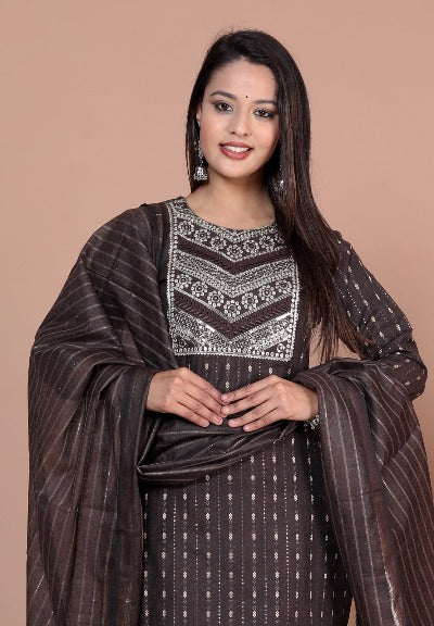 Brown Ethnic Cotton Salwar Suit Set