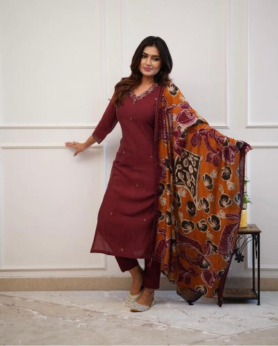 Maroon Cotton Traditional Detailing Salwar Suit Set