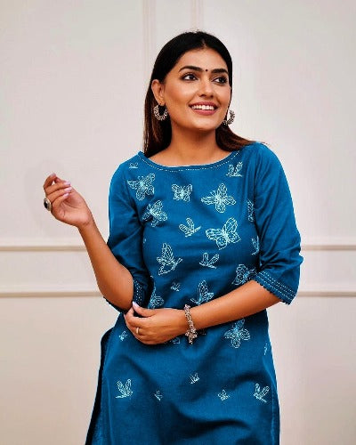 Blue Cotton Butterfly Embroidered Kurti Pant Set Of 2