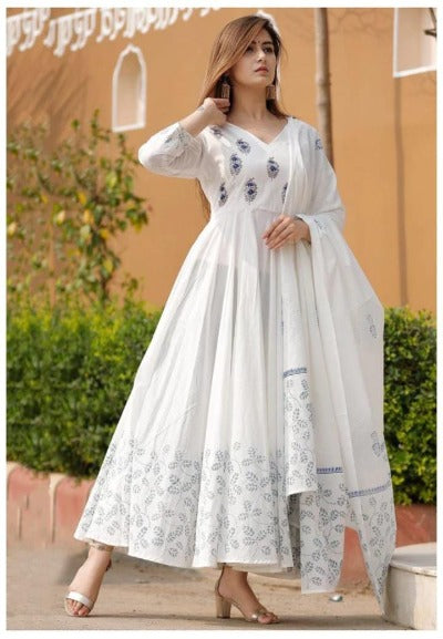 White Cotton Anarkali Gown With Dupatta
