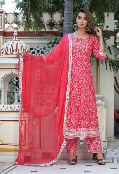 Red Cotton Embroidered Salwar Suit Set