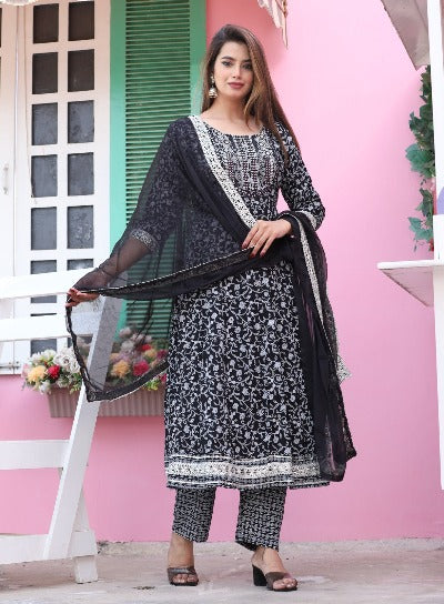 Black Cotton Embroidered Salwar Suit Set