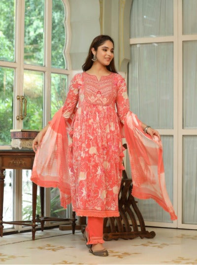 Orange Cotton Nyra Cut Salwar Suit Set