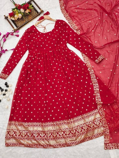 Red Georgette Embroidered With Sequins Anarkali Suit Set