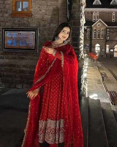 Red Georgette Embroidered With Sequins Anarkali Suit Set