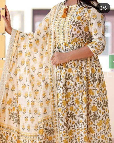 White & Yellow Fresh Floral Print Cotton Salwar Suit Set