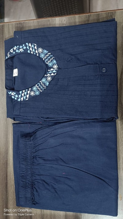 Navy Blue Monochrome Cotton Kurti With Afghani Pant Set