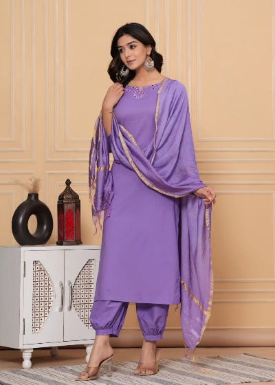 Lavender Soft Rayon Afghani Style Salwar Suit Set