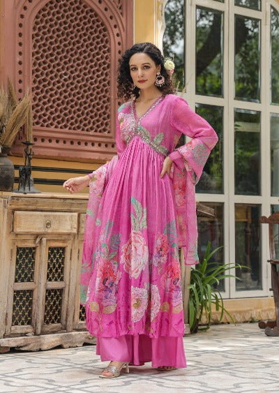 Pink Alia Cut Cotton Handwork Salwar Suit Set