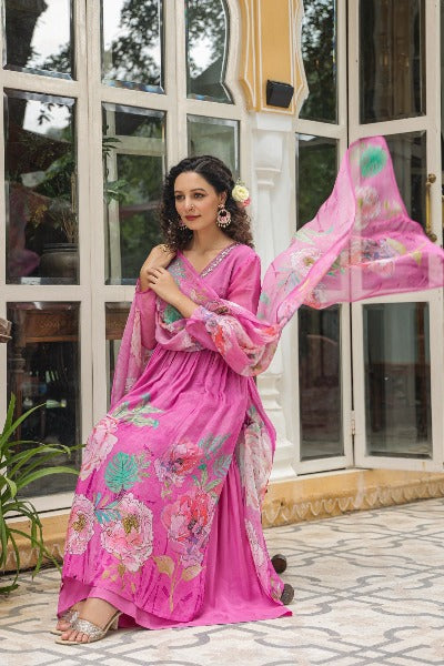 Pink Alia Cut Cotton Handwork Salwar Suit Set
