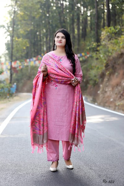 Pink Cotton Salwar Suit Set With Art Silk Dupatta