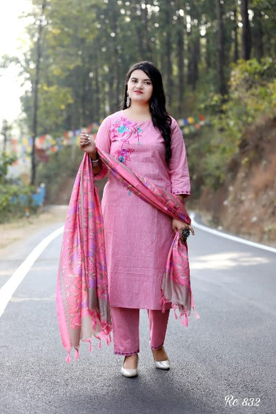 Pink Cotton Salwar Suit Set With Art Silk Dupatta