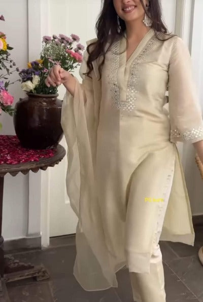 Off White Soft Chanderi Embroidered Foil Mirror Work Salwar Suit Set