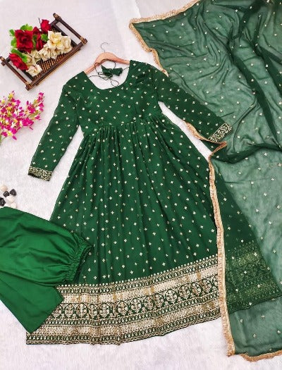 Green Georgette Embroidered With Sequins Anarkali Suit Set