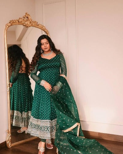 Green Georgette Embroidered With Sequins Anarkali Suit Set