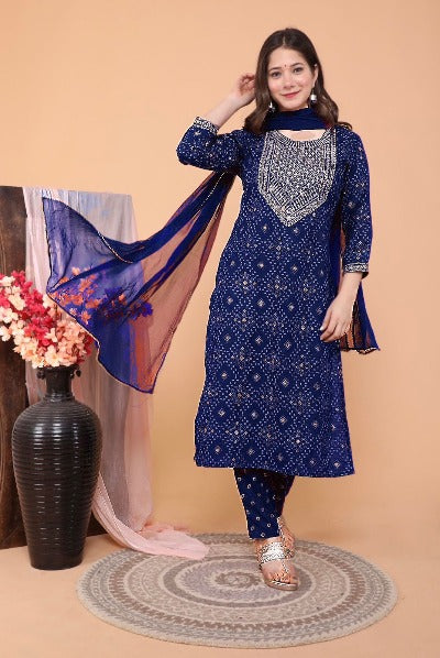 Navy Blue Foil Print Premium Rayon Salwar Suit Set