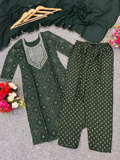 Dark Green Foil Print Premium Rayon Salwar Suit Set