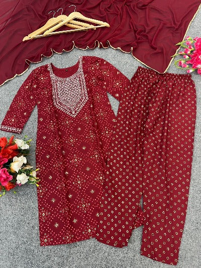 Maroon Foil Print Premium Rayon Salwar Suit Set