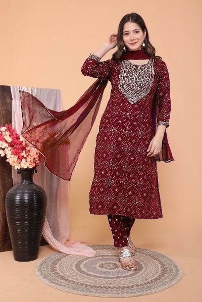 Maroon Foil Print Premium Rayon Salwar Suit Set