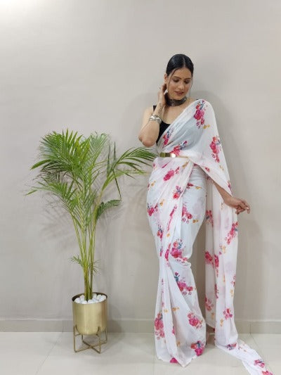 1 Min White Blooming Georgette Stitched Readymade Saree