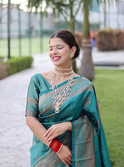 Rama Green Banarasi Soft Silk Saree
