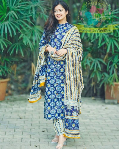 Blue Cotton Ajrakh Print Afghani Suit Set