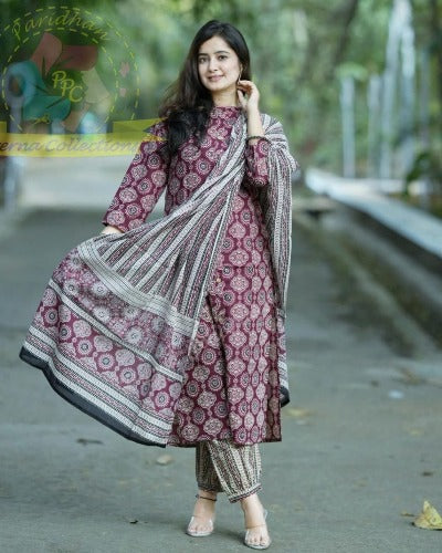 Maroon Cotton Ajrakh Print Afghani Suit Set