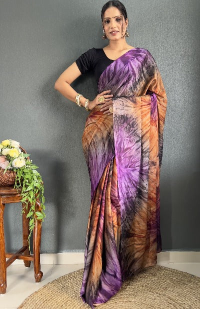  1 Min Purple Tone Rangoli Silk Prism Print Stitched Readymade Saree