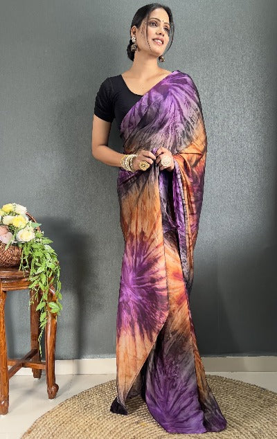  1 Min Purple Tone Rangoli Silk Prism Print Stitched Readymade Saree