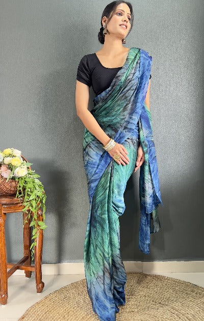 1 Min Blue Tone Rangoli Silk Prism Print Stitched Readymade Saree