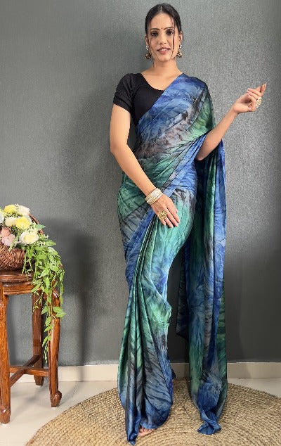 1 Min Blue Tone Rangoli Silk Prism Print Stitched Readymade Saree
