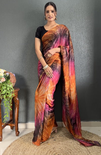 1 Min Pink Orange Tone Rangoli Silk Prism Print Stitched Readymade Saree