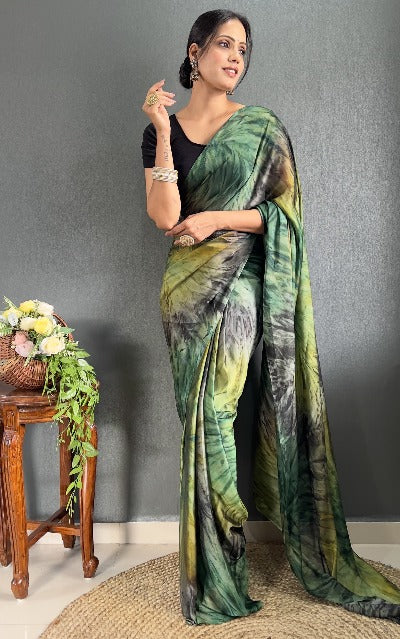 1 Min Green Tone Rangoli Silk Prism Print Stitched Readymade Saree