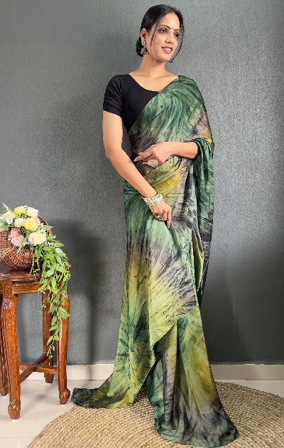 1 Min Green Tone Rangoli Silk Prism Print Stitched Readymade Saree