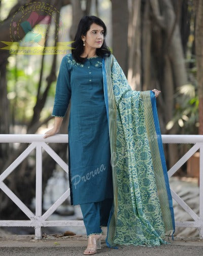 Turquoise Khadi Cotton Suit With Kalamkari Print Dupatta