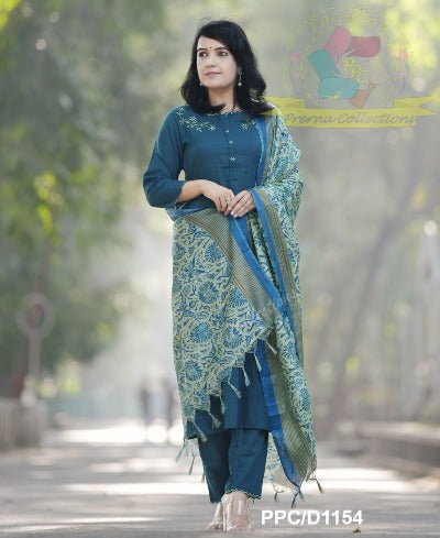 Turquoise Khadi Cotton Suit With Kalamkari Print Dupatta