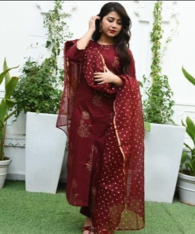 Maroon Cotton Gold Printed Salwar Suit Set