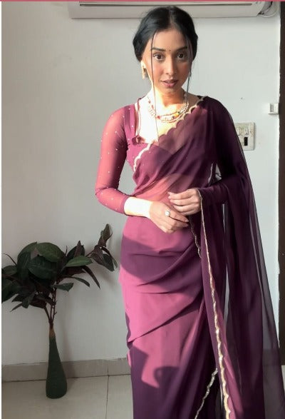 1 Min Wine Georgette Embellished With Handwork Stitched Readymade Saree