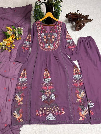 Onion Purple Georgette Multicolour Thread And Mirror Work Salwar Suit Set