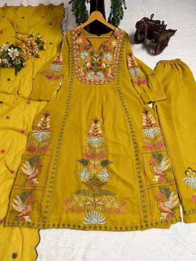 Mustard Yellow Georgette Multicolour Thread And Mirror Work Salwar Suit Set