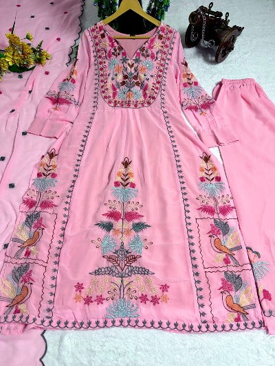 Pink Georgette Multicolour Thread And Mirror Work Salwar Suit Set