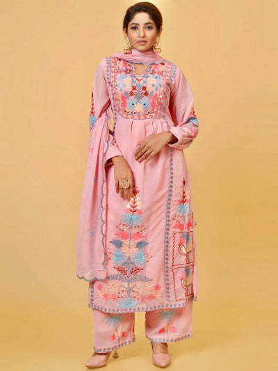 Pastel Pink Georgette Multicolour Thread And Mirror Work Salwar Suit Set